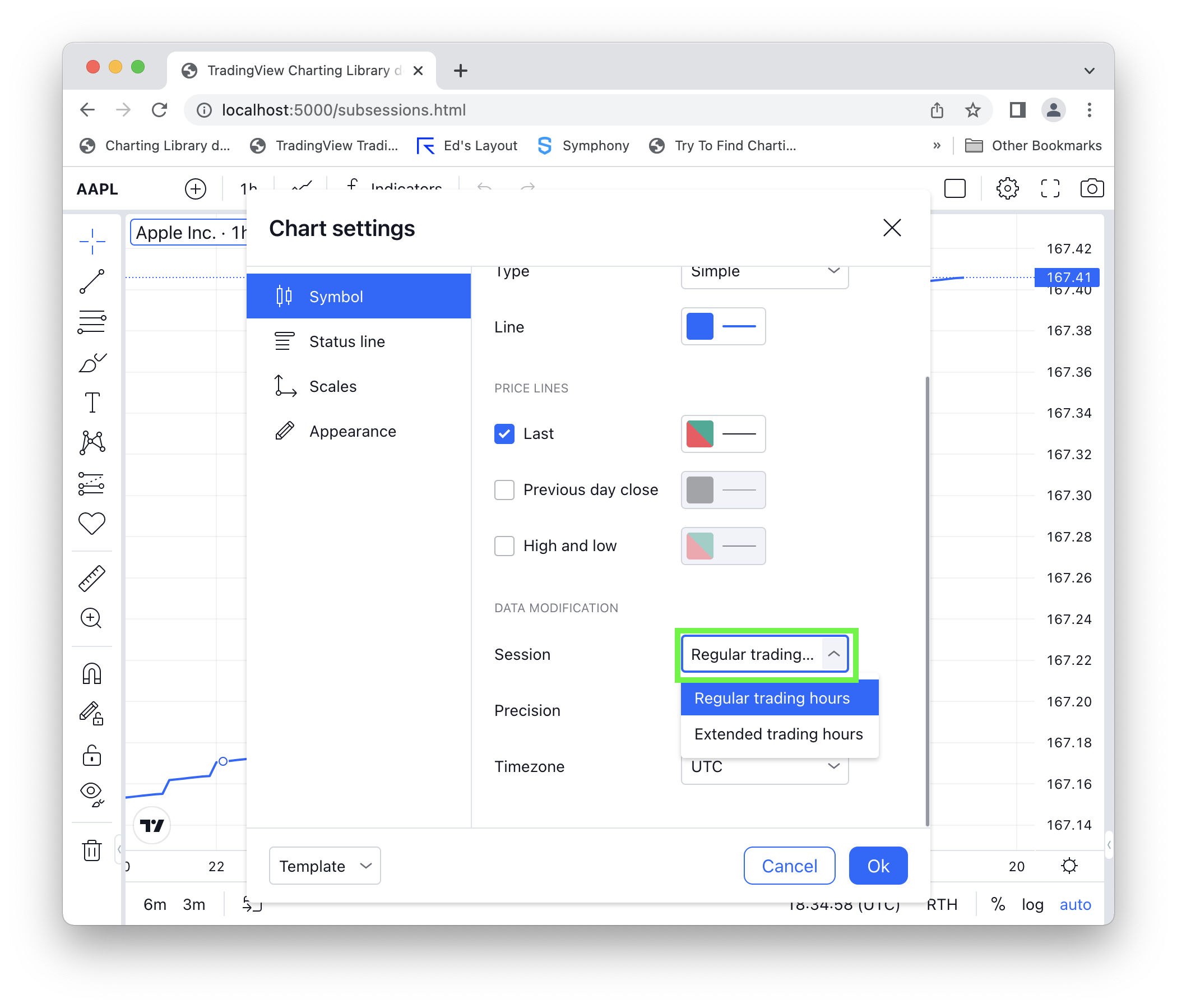 Series properties dialog session button example image